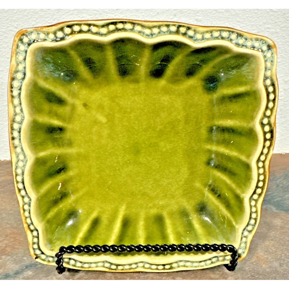 Roscher & Co Hobnail Green Salad Plate Speckled Brown Back Square Scalloped EUC